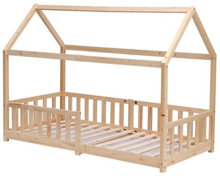 FurnitureHMD Treehouse Style Bed,Solid Pine Wood, Single Bed Frame,Floor Bed Frame for Boys and Girls,Bedroom Furniture (natural)