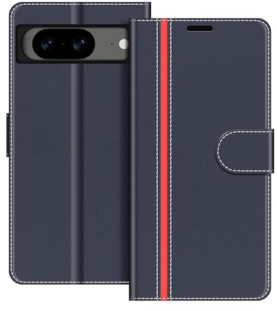 COODIO Coque en Cuir pour Google Pixel 8 5G, Étui Housse Pochette Fonction Stand pour Google Pixel 8 5G, Bleu Foncé/Rouge