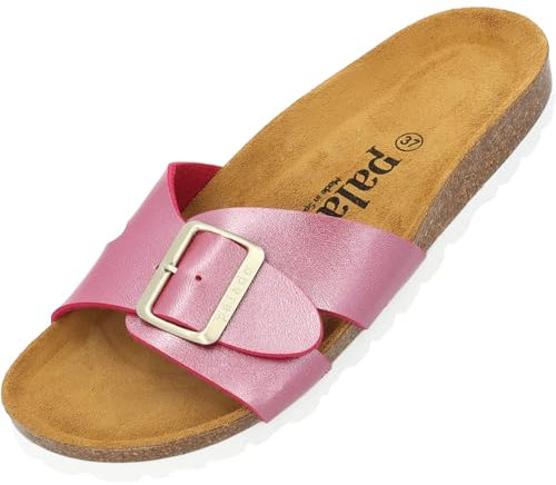 Palado Pantoletten Damen Tinos - bequeme Sandalen Made in Spain - elegante Hausschuhe mit Kork-Fußbett - modische Sommerschuhe Pink Metallic UK9 - EU42