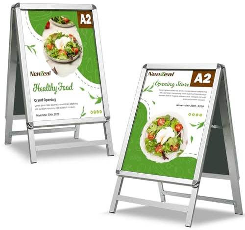 Newzealkids Kundenstopper A2 A-Board Werbeaufsteller Outdoor, doppelseitiger Posterhalter, Ständer, Aluminium-Pflaster-Anzeigetafel mit Schnapprahmen für Außenwerbung, Silber
