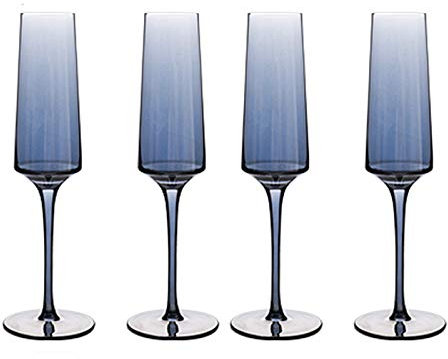 Four Blue Crystal Champagne Flutes,9.84 Inches Tall Crystal Glasses,Classic and Seamless Tower Design Champagne Flutes
