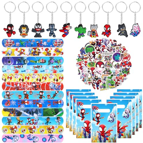 JunMallko Feste Bomboniere, 82 Pcs Regalo Compleanno, Regali per Feste di Compleanno per Bambini, 12 Braccialetti Slap, 10 Portachiavi, 10 Sacchetti Regalo, 50 Adesivi