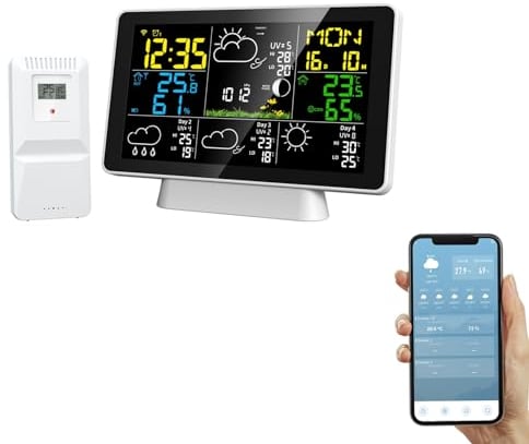Stazione meteo WiFi con sensore esterno, temperatura interna ed esterna, pressione dell'aria/barometro, umidità, sveglia, previsione di 4 giorni con app, tendenza della temperatura (A)
