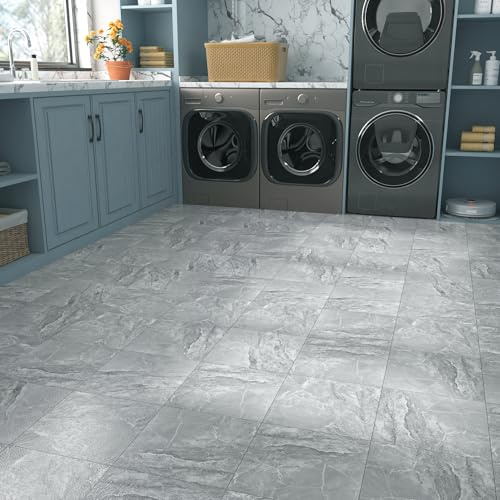 Stickyart Grey Marble Floor Tiles Peel and Stick Vinyl Flooring 12x12 Waterproof Bathroom Vinyl Tile Flooring Self Adhesive Grey Marble Tiles Stick on Floor Tile Sheets for Bedroom Kitchen 4 PCS