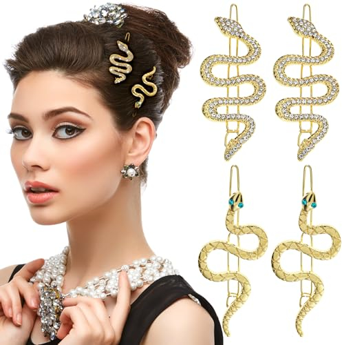 AOZUO 4 Stück Haarspange Schlange, Halloween dekorative Haarspange Schlangen Haarspangen Strass Schlangen Haarnadeln funkelnde Kristall Haarspangen für Frauen und Mädchen