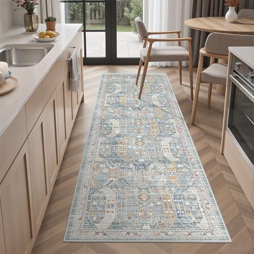 Madane Waschbarer Läufer, Teppichläufer für Flur, 1,8 m, rutschfest, Vintage-Küchenläufer, ultradünn, Badezimmerläufer, Teppich, Waschküche, Schlafzimmer, 6 x 180 cm, Blau/Gold