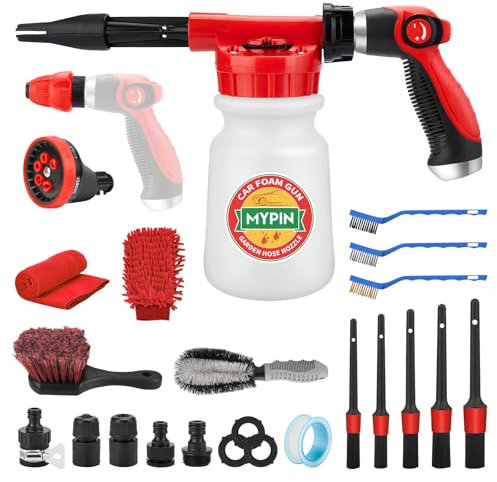 22 in 1 Snow Foam Pump Sprayer - Adjustable Hose Car Foam Blaster With 2.5 to 6 Bars, Nozzles, Brushes, Towel, 1/2 Quick Connector Cleaning Kit for Car and Garden