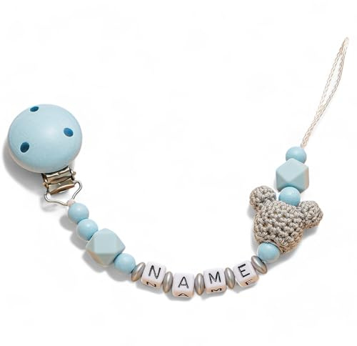 Schnullerband mit Namen für Mädchen & Junge mit Ihrem Wunschnamen - verschiedene Modelle - in DE erstellt (Blau (Micky Grau 2))