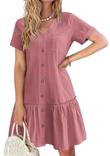 HOTOUCH Ladies Linen Dresses Women Loose Summer Cotton Dress Short Sleeve Button Down Dress V-Neck Knee Length T Shirt Dress Pink XL