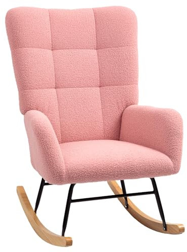 HOMCOM Schaukelstuhl, Schaukelsessel mit Armlehne, Teddysamt-Optik, Relaxsessel mit Holzkufen, Schwingsessel Stillsessel für Schlafzimmer, Wohnzimmer, Rosa