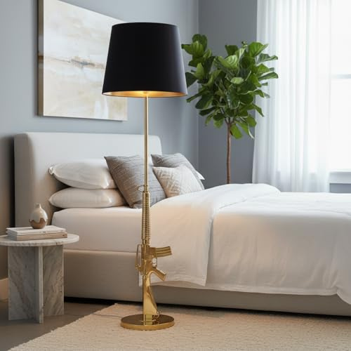 BARCELONA LED Stehlampe Design M16 Gewehr Gold 170 cm, Moderne Vintage Stehlampe mit Schwarzem Lampenschirm, Luxus Deko Beleuchtung für Wohnzimmer Schlafzimmer Büro, E27 Fassung