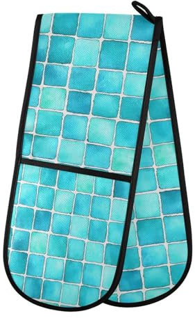 Oven Gloves Double Oven Gloves Aqua Tile Buffalo Plaid Checkered Heat Oven Mitts Pot Holder Heat Resistant Quilted for BBQ Baking Kitchen Cooking Gloves