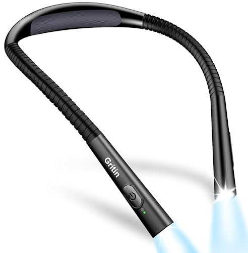 Gritin Leselampe Hals, Buchlampe Bett mit 4 Farben & 5 Helligkeit - Stufenlos Dimmbar, Augenschutz, Aufladbar 80h Dauer, Einstellarm, Ergonomisch Leselicht für Lesen im Bett, Schwarz