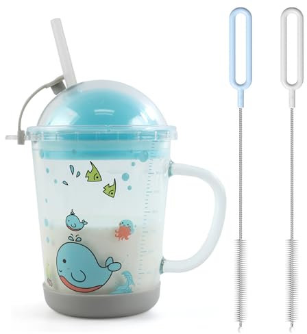 RoxNvm Tazza di Latte con Bilancia, 400ml Bicchiere con Cannuccia e Coperchio (pesce blu)