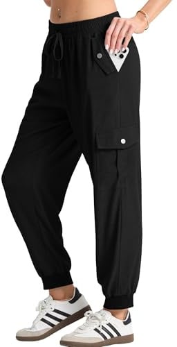 GRECERELLE Ladies Cargo Trousers Womens Summer Hiking Joggers Pants for Women UK with Elastic Waist Cuffed Ankles for Travel Outdoor Streetwear (Black, XL)