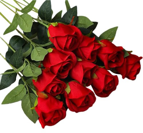Roses rouges – Roses artificielles | Bouquet de roses au toucher réaliste | 10 fleurs artificielles avec longue tige et épines | Bouquet de mariée éternel pour intérieur ou extérieur, mariage