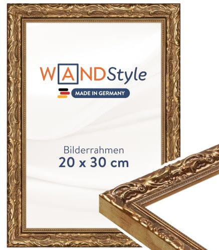 WANDStyle goldener Bilderrahmen 20x30 Holz, Bilderrahmen Gold Vintage | Hochwertiger Holzbilderrahmen Antik, Posterrahmen zum Aufhängen, Rahmen 30x20 cm, Fotorahmen H530 Made in Germany