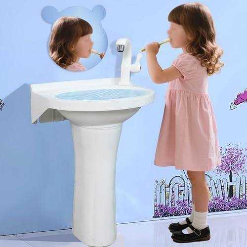 Évier sur pied en plastique pour tout-petits – Petit lavabo de salle de bain pour enfants – 40 x 28 x 53 cm – Installation sans perçage – Autocollant avec trou de robinet pour salle de bain – Colonne