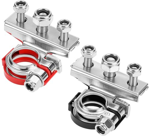 QWORK® 12V 3-Way Automotive Battery Terminals, Tinned Brass Top Post Clamp Connectors for Cars, Vans, Caravans, Motorhomes, Positive and Negative Set, Red and Black, 2Pcs