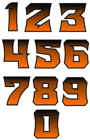 Numeri Adesivi Gara 0-9 per Moto, Caschi, Kart, Auto – Effetto Fiamma Arancione/Nero – Stickers Waterproof & UV – Decalcomanie Sport Racing Flame 0447