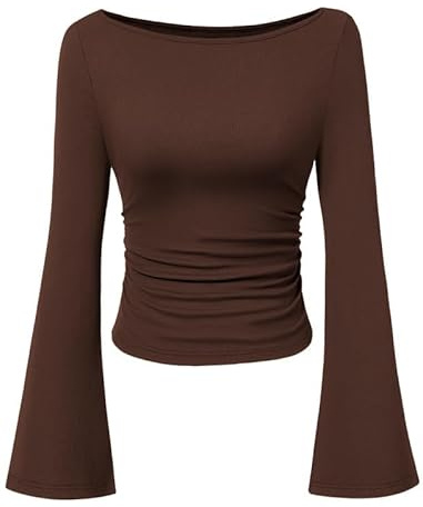 Sukiglam Women's Long Sleeve Shirts Boat Neck Bodycon Ruched Ribbed Tops Casual Basic Tees Ladies Bell Sleeves Fitted Blouse Elegant Stretchy Pullover Autumn Winter Going Out Top Evening Party Outfit