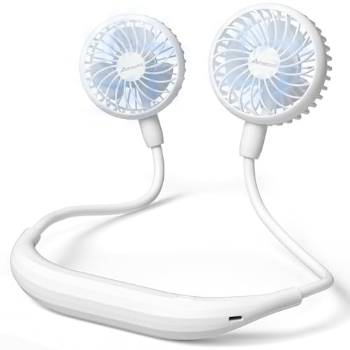 AMACOOL 2600mAh Portable Neck Fan, Wearable Hands-Free Battery Operated with Ultra Quite & Strong Wind, 360° Adjustable Personal Fan for Hot Flashes Home Office Travel Outdoor Sports-White