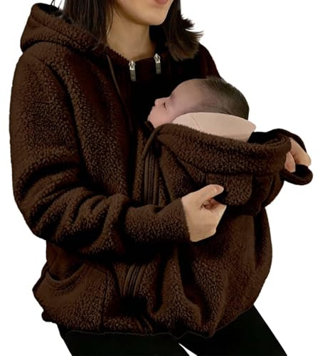 Lxitoler Umstands Baumwolljacke Winter Warm Teddy Fleecejacke mit Kapuze mit Taschen Langarm Känguru Umstandsjacke Jackenerweiterung