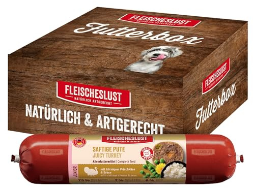 Fleischeslust Futterbox Junior | Saftige Pute (8x400g) | Hundewurst | Alleinfuttermittel | schnittfest | getreidefrei | Nassfutter für Junge Hunde