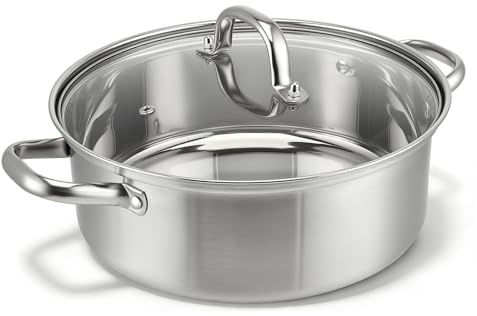 VeftBltrem Edelstahl Schmorpfanne,Hohe Edelstahl Servierpfanne unbeschichtet & ohne PTFE/PFOA,Pfanne für alle Herdarten, Servierpfanne geschmackserhaltend, Backofenfest(28CM)
