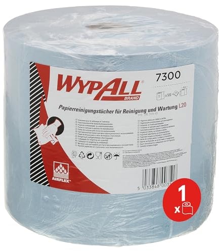 WypAll® L20 7300-1, Rollo Jumbo de paños azules de celulosa, 2 capas, con tecnología Airflex™,1 rollo x 500 hojas (de un solo uso).