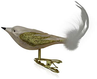 Lauschaer Glas Christbaumschmuck Vögel mit Federschwanz Eislack champagner mit Dekor 3 Stück Christbaumschmuck Weihnachtsbaumschmuck mundgeblasen, handdekoriert