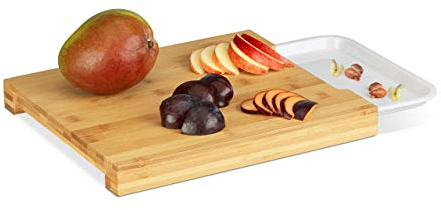 Relaxdays 10022771 Bamboo Board, Pull-Out Tray for Cuttings, Food-Safe, HWD: 3x30x25 cm, Natural/White
