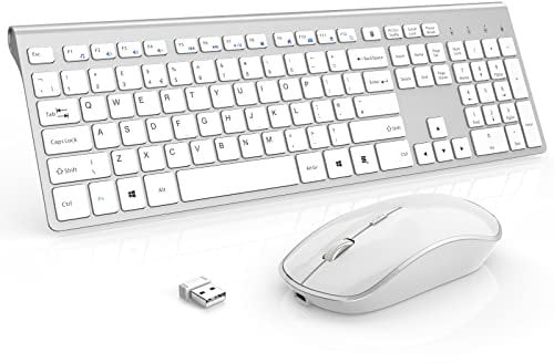 Rechargeable Wireless Keyboard Mouse Combo-J JOYACCESS 2.4G Full Size Slim Wireless Keyboard Mouse with Silent and Ergonomic Design for Mac,iMac,PC,Laptop,Tablet,Computer Windows- White+Silver