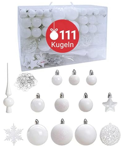 WOMA Christbaumkugeln Set Weiß & 19 weiteren Farben - 111er Weihnachtskugeln Set inkl. Metallhaken - Weihnachtskugeln Kunststoff - Weihnachtsbaum Deko & Christbaumschmuck