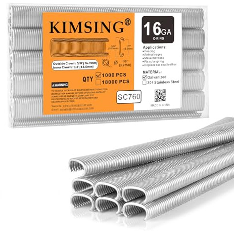 KIMSING SC760 16GA anillos C zincados 12,5x16,9mm 1000 pzas para vallas | Corona int. 12,5mm - ext. 16,9mm, cierre 3-4,8mm, para pinzas C 16GA, jaulas animales & asientos auto
