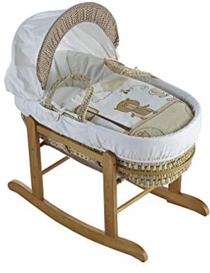 ELEGANT BABY Beary Nice Cream Palm Moses Basket with Deluxe Natural Rocking Stand, Adjustable Hood, Fibre Mattress & Padded Liner