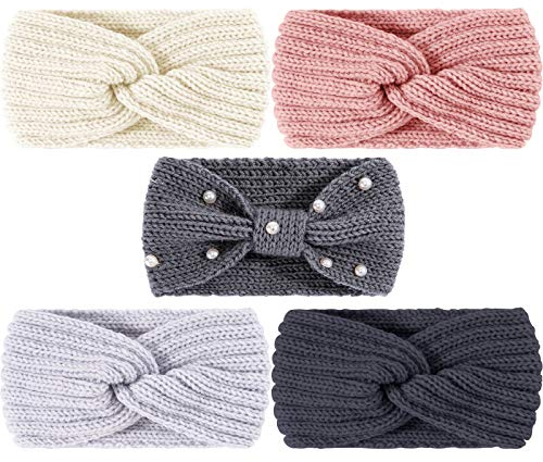 Whaline 5 Pieces Winter Knit Headbands Chunky Knit Headbands,4 Elastic Turban Head Wraps and 1 Pearl Crochet Hair Band, Ear Warmer Crochet Head Wraps for Women Girls (Pink & Gray Colors)