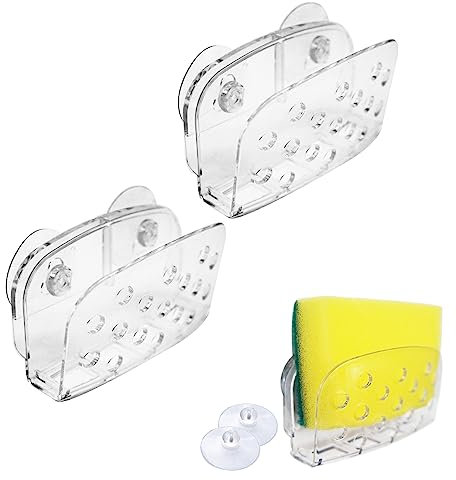 AMUONTY 2 Pack Sponge Holders with Suction,Clear Plastic Container, Kitchen Dish Sponge Holder, Bathroom Accessory, Space Saving Sink Countertop Organizer