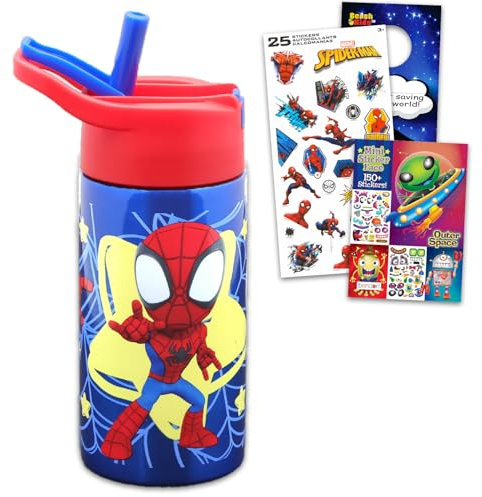 Spidey and Friends Bouteille d'eau en acier inoxydable pour garçons et filles ~ Lot de 3 bouteilles d'eau réutilisables Marvel Spiderman pour la maison, l'école et le sport, autocollants et crochet de