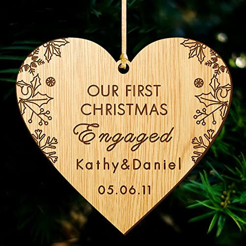 Personalised Christmas Tree Decorations Engaged Personalised Christmas Bauble Engraved Wooden Our First Christmas Engaged Couples Custom Xmas Tree Decoration Wood Gifts(Heart)