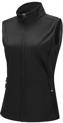 33,000ft Women's Softshell Full Zip Gilet Fleece Lined Windproof Vest Outerwear Lightweight Sleeveless Jacket for Running Hiking Golf Black M/UK 12