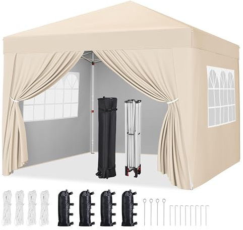 Yaheetech Pop-Up Gazebo 3x3m with 4 Removable Side Panels, Silver-costed Oxford Marquee Canopy with Wheeled Bag & Sandbags, Metal Frame Shelter Tent for Outdoor Garden Party Camping, Beige