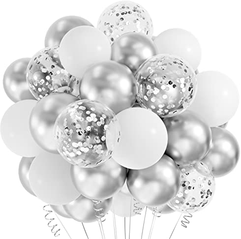 CHRORINE Silber-weiße Luftballons, 30,5 cm, metallisches Chrom, Silber, Konfetti-Ballons mit Bändern, für Geburtstag, Brautparty, Babyparty, Hochzeit, Jahrestag, Abschlussfeier, Party-Dekoration, 50