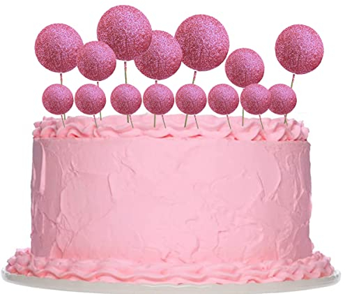 KAKOLOPT 35 PCS Balls Cake Topper Baby Girl Woman Foam Ball Cake Picks Mini Balloon Cupcake Bubble Balls DIY Decoration for Christmas Wedding Anniversary Birthday Party Baby Shower (Glitter Pink)
