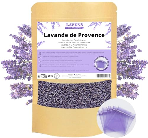 LAVENS | Fleurs de Lavande séchée | Origine Provence | 250G +10 SACHETS en Organza Offert! Lavande en Vrac idéale pour Sachet parfumé, Pot-pourri. Qualité supérieure et Parfum Intense.