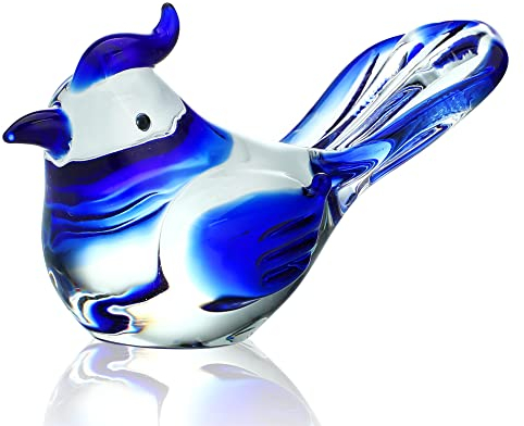 HDCRYSTALGIFTS Figurines d'oiseau en verre soufflé de 8,9 cm - Objets de collection - Statue de geai bleu - Ornement décoratif - Presse-papier en cristal - Cadeau