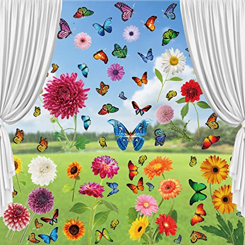 TOPJOWGA Fensterbilder Frühling Selbstklebend, 9PCS Fenster Klammert Blumen Schmetterling Fenster, Anti-Kollision Aufkleber Fenstersticker Blumen Fensterdeko, Wandaufkleber für Kinderzimmer Deko