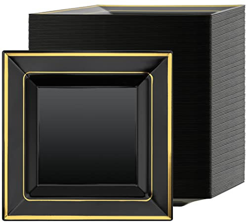 SEHOI 120 PCS 6.5 Inch Black Square Plastic Plates, Disposable Square Dinner Plates with Gold Rim, Small Disposable Salad Dessert Cake Plates for Wedding/Party, Catering, Housewarming