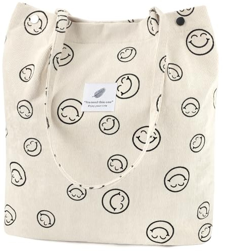 Ayieyill Corduroy Tote Bag for Women Canvas Shoulder Cord Purse with Inner Pocket, Smile, L