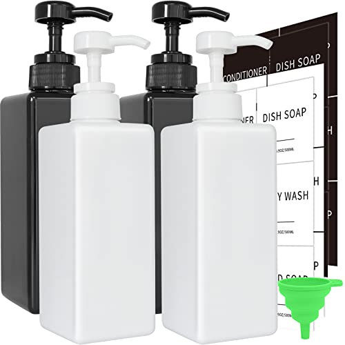 Soap Dispenser with Waterproof Labels, Thickened Plastic Hand Soap Dispenser for Bathroom, Kitchen Dish Washing Liquid Bottles, Shampoo and Conditioner Bottles with Funnel (16oz 4Pack Black White)